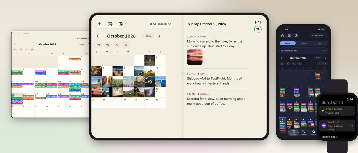 Dayleaf on Mac, iPad, iPhone and Apple Watch: an October calendar filled with photos, entries and goals