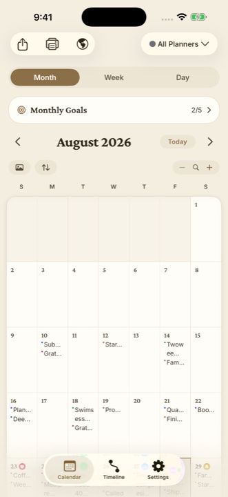 Dayleaf month calendar with entries and goals