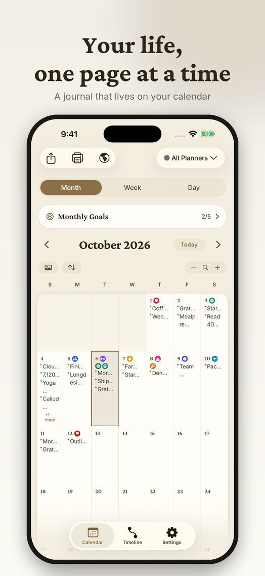 Your life, one page at a time — month calendar with goals
