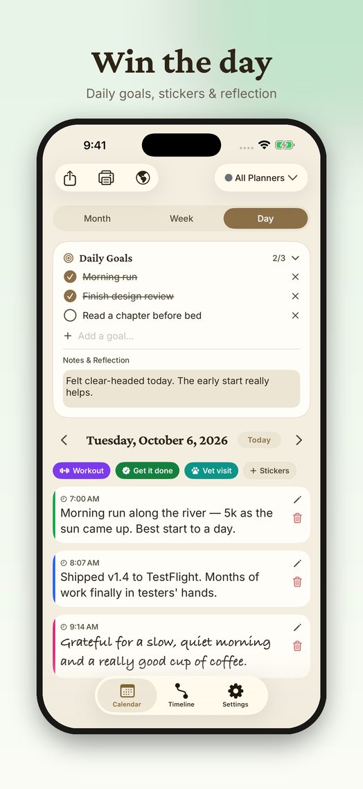 Win the day — daily goals, stickers and reflection