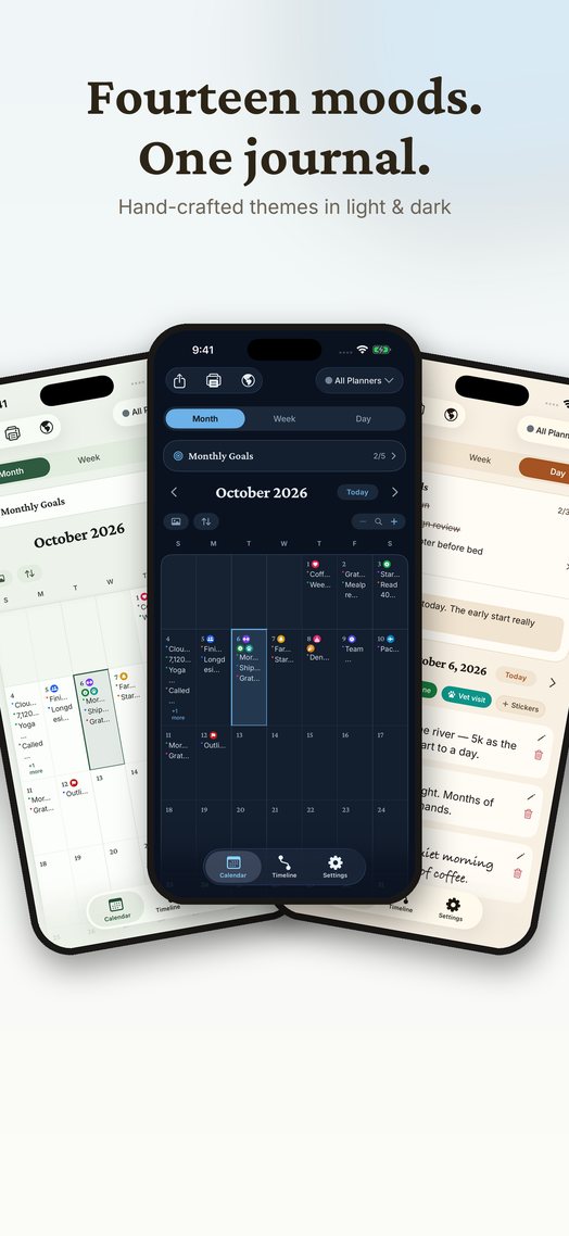 Fourteen moods, one journal — hand-crafted themes